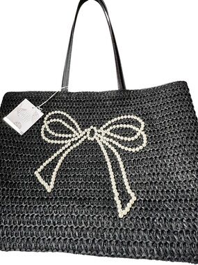 Black Woven Tote Bag with Pearl Bow Accent